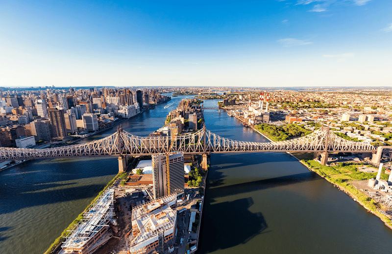 Aerial view of the Queensboro Bridge in Queens, NY