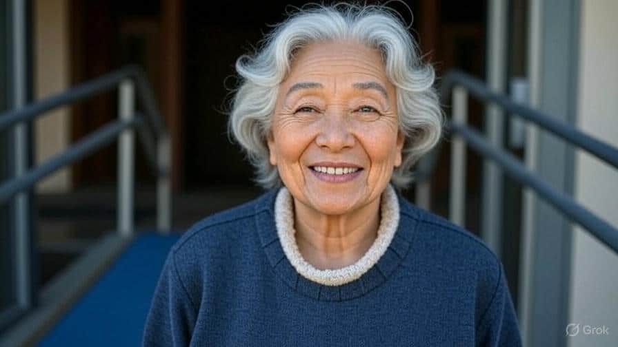 A hyper-realistic image of a smiling elderly woman with gray hair, wearing a blue sweater with a light-colored collar, entering a home from outside. The entryway features a wide handicap ramp with handrails on both sides, set against a modern house exterior with a door and windows, capturing a bright and welcoming scene.