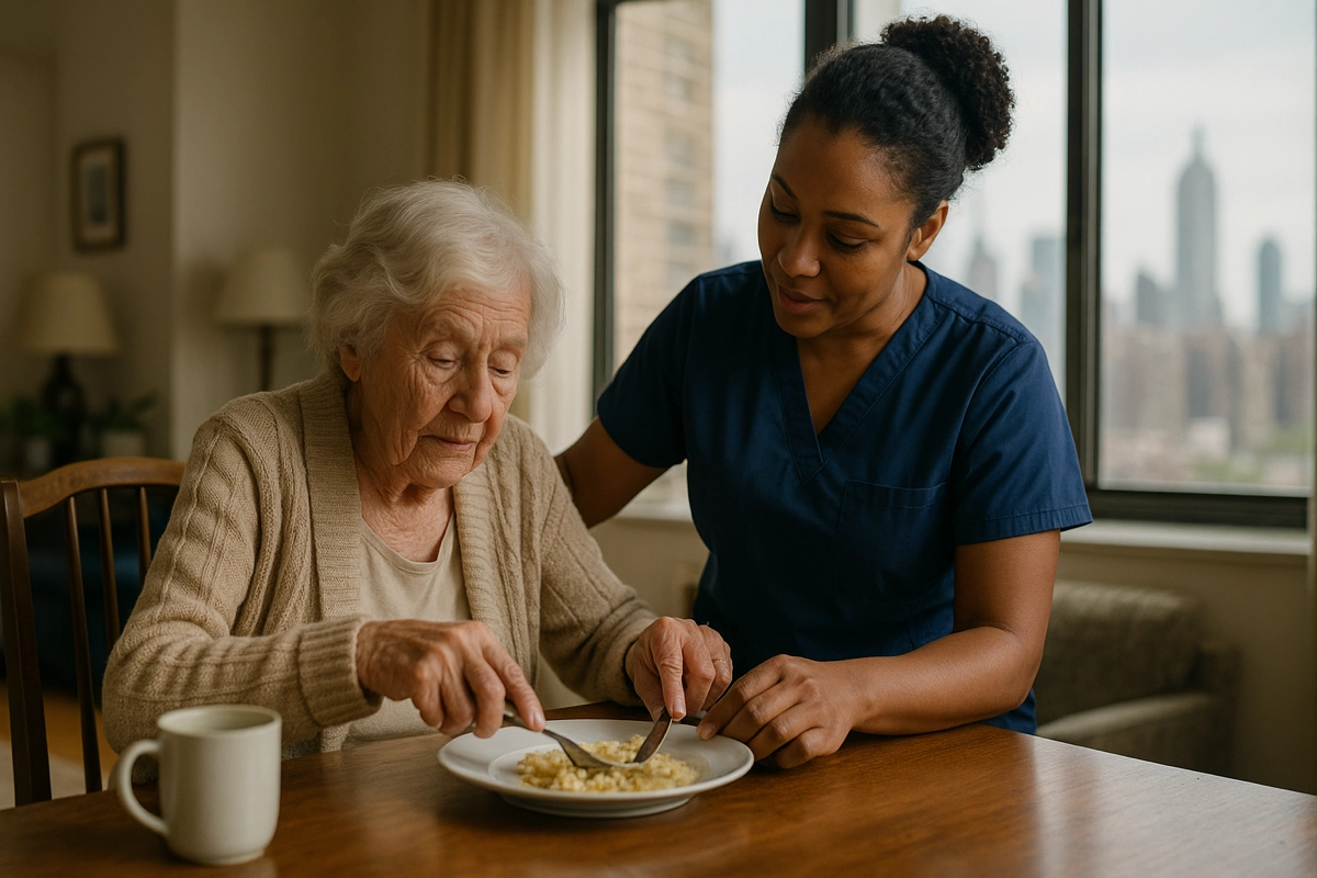 Caregiver providing private in-home care for an elderly woman in a New York apartment