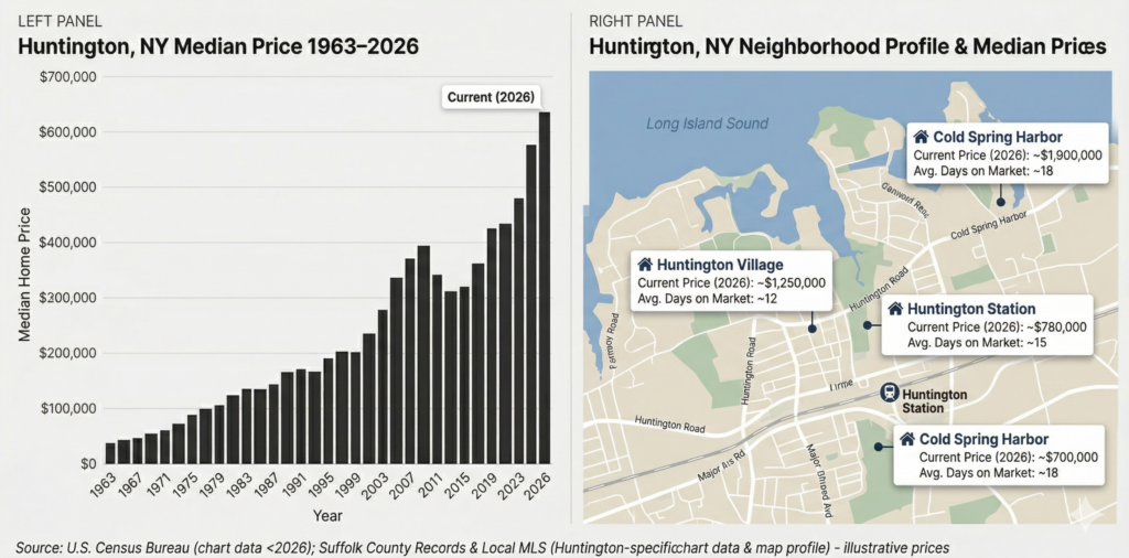 A two-panel real estate infographic for Huntington, NY. The left panel shows a vertical bar chart of median home prices from 1963 to 2026, showing a steady climb to over $600,000. The right panel features a stylized map of Huntington showing neighborhoods like Huntington Village, Huntington Station, and Cold Spring Harbor with callout cards for 2026 median prices and average days on market.