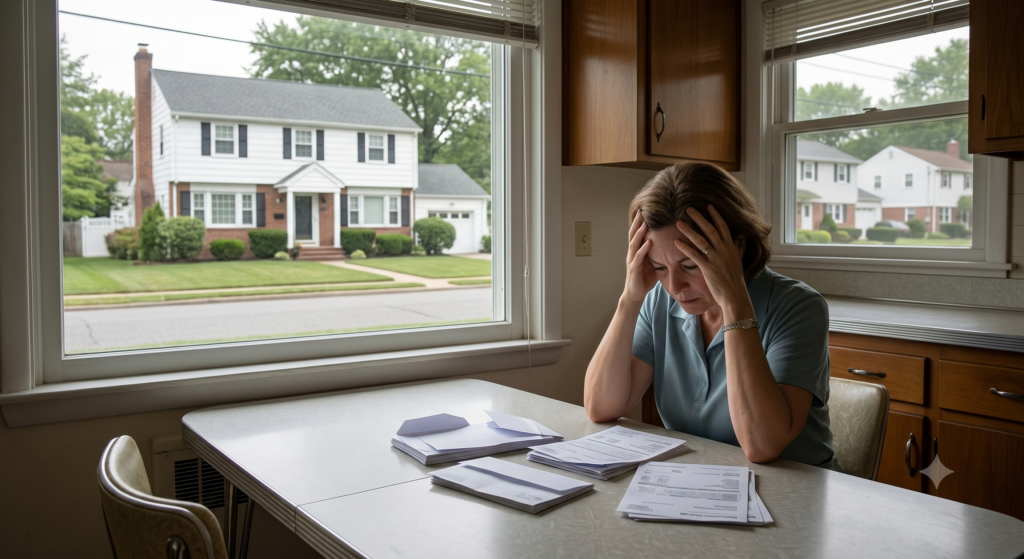 A middle-aged woman sits dejectedly at a kitchen table on Long Island, her head in her hands, looking at a stack of unpaid bills and a large, official property tax assessment, visually capturing the stress of financial hardship and high taxes described in the opening section. A classic Long Island colonial house is visible outside the window.