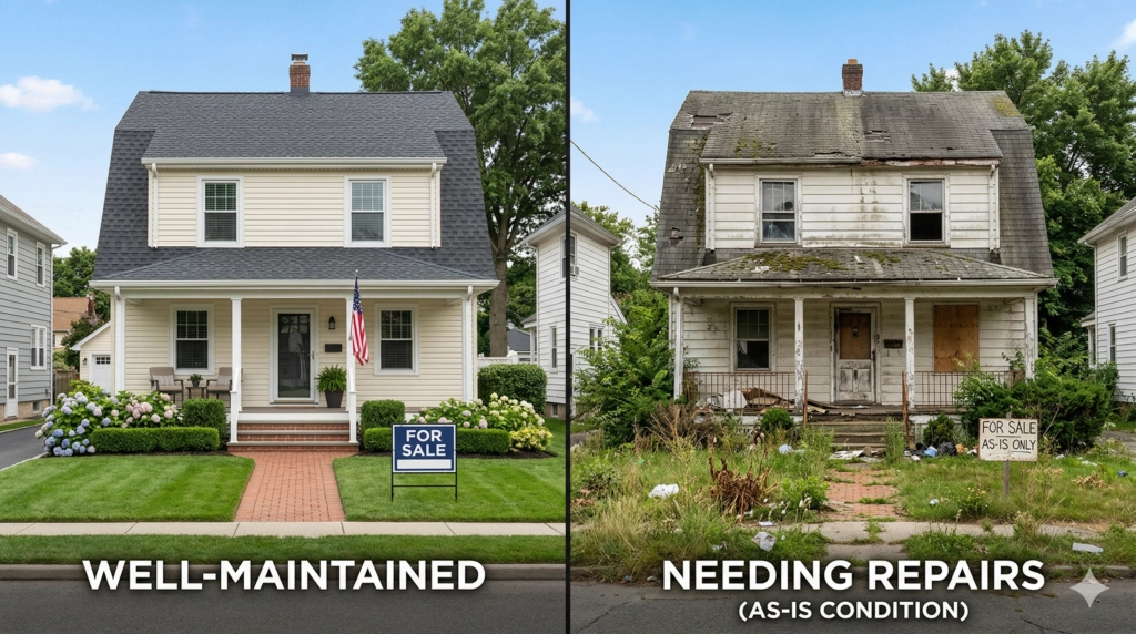 A split-screen horizontal comparison of the same Huntington-style house. The left side shows a pristine, well-maintained home with a manicured lawn, fresh cream siding, and a "For Sale" sign. The right side shows the same house in "as-is" condition, featuring peeling paint, a damaged roof, overgrown weeds, and a sign that reads "For Sale As-Is Only."
