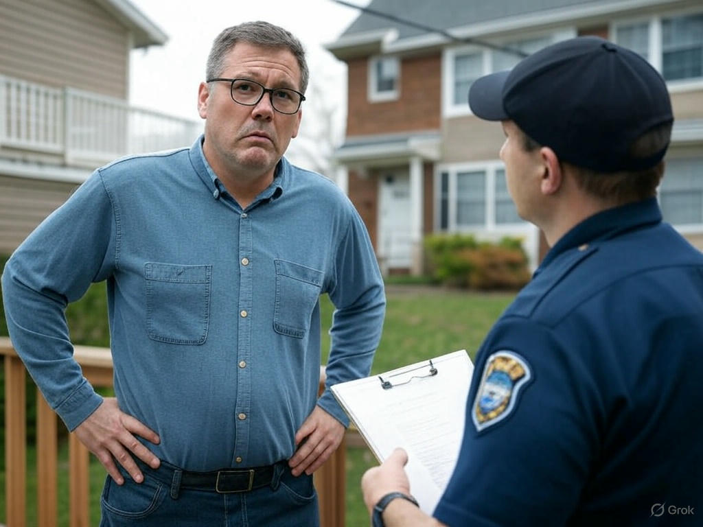 Stressed homeowner watches a building inspector assess an unpermitted deck attached to a suburban Long Island home, highlighting the challenges of retroactive permitting.