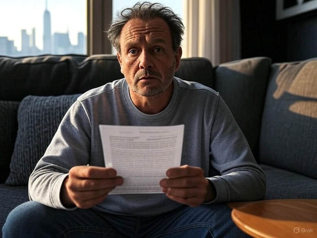 A worried NYC homeowner sits on a couch inside a small city home, holding a foreclosure notice, with a stack of bills on a nearby table and the city skyline visible through a large window in the background.