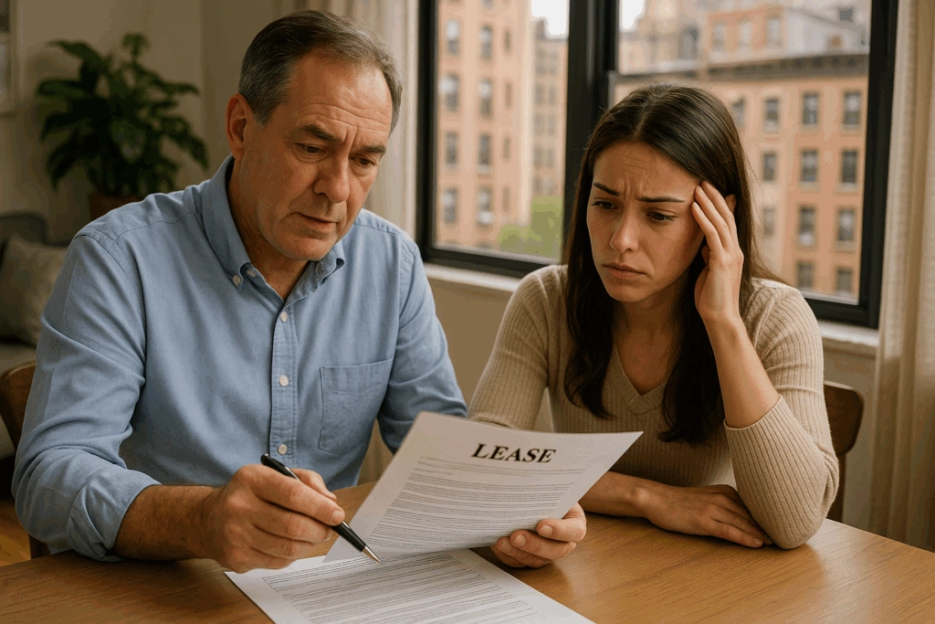 A landlord and a concerned tenant sit at a wooden table in a New York City apartment, reviewing a lease document together with serious expressions.