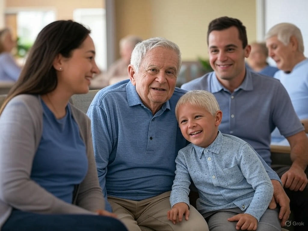 Family sitting with elderly father in an assisted living facility’s communal space, sharing coffee and chatting, supporting his adjustment to senior living.