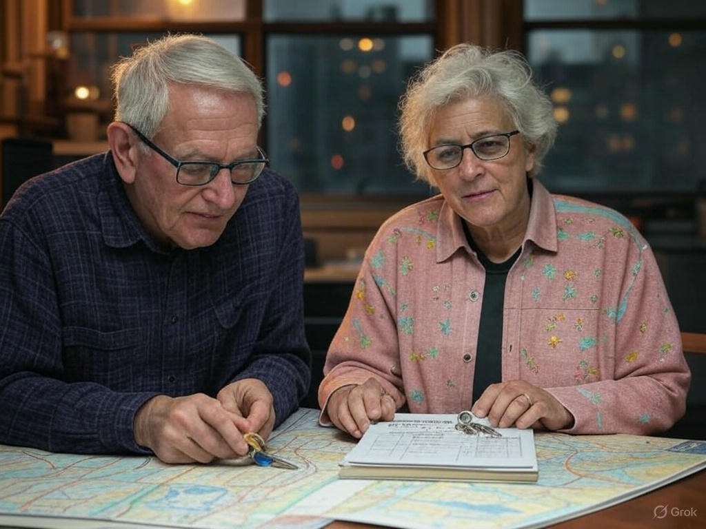 An image showing a New York realtor handing house keys to an elderly couple standing outside a staged Queens co-op with a ‘Sold’ sign, holding a clipboard of market trends, with the Empire State Building faintly visible in the background.