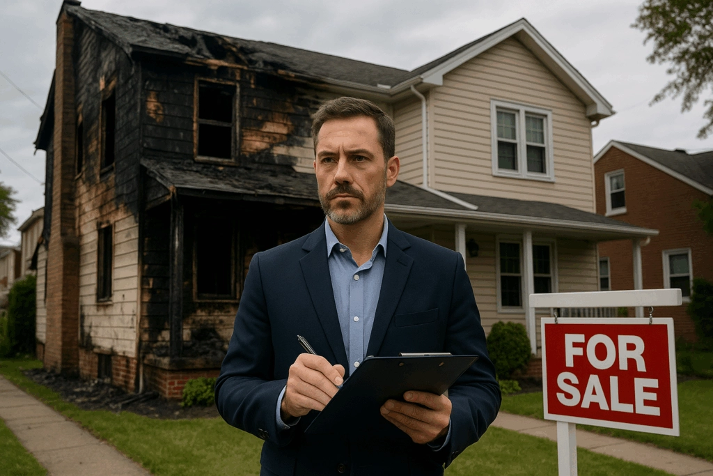 A professional real estate appraiser holding a clipboard stands in front of a partially fire-damaged single-family home in a New York neighborhood, with a &ldquo;For Sale&rdquo; sign visible and both burned and intact sections of the house in view, captured in a realistic, documentary-style photograph.