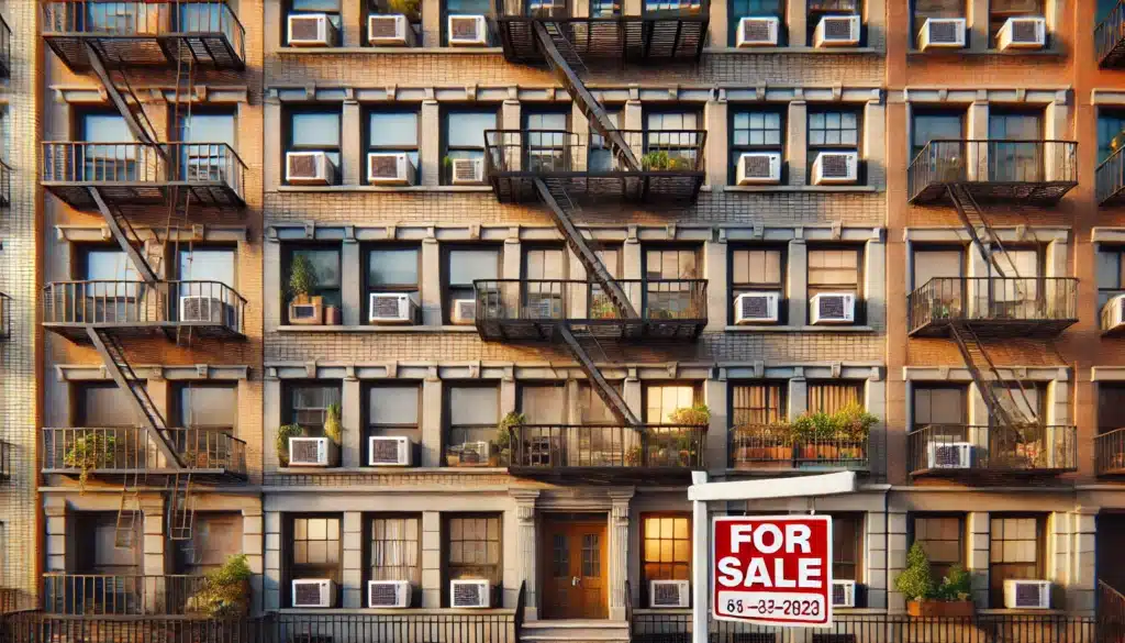 Photo-realistic image of a well-maintained Brooklyn apartment building with a &lsquo;For Sale&rsquo; sign, captured in afternoon light. Features include fire escape potted plants and window AC units, reflecting active tenant life.