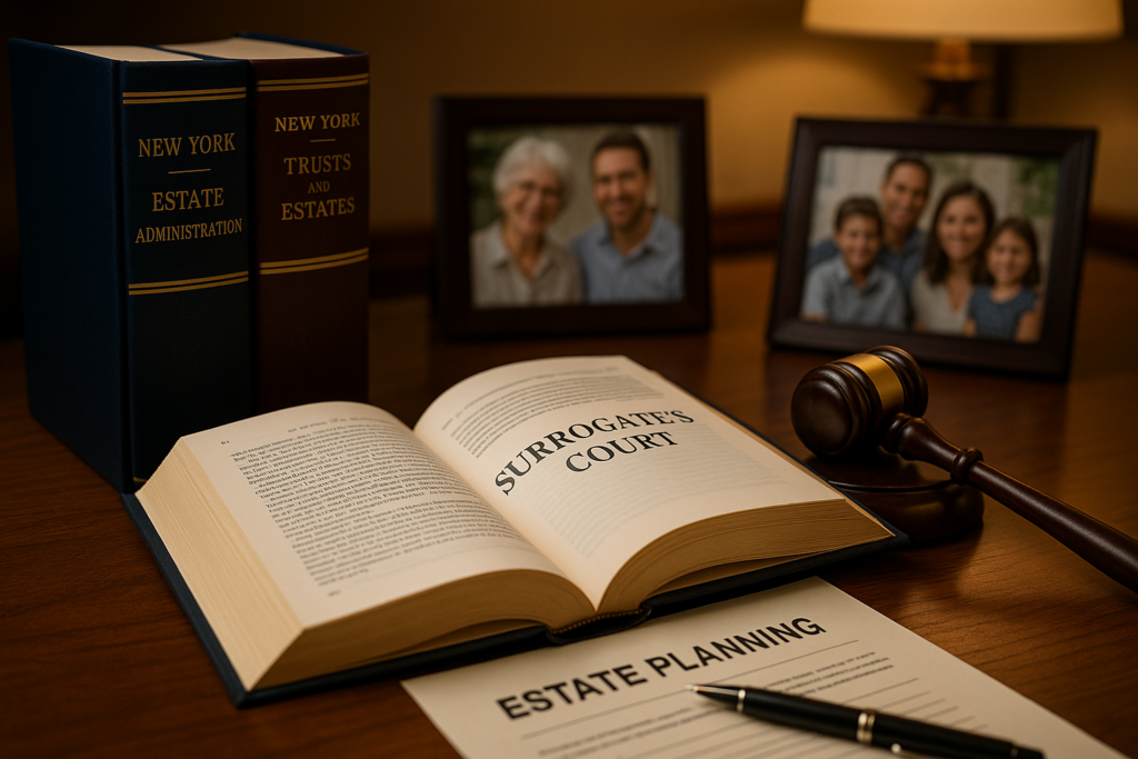 A professional, warmly lit lawyer&rsquo;s desk featuring an open law book titled &ldquo;Surrogate&rsquo;s Court,&rdquo; New York State legal books, a gavel, and estate planning documents. Family photos in the background create an approachable, trustworthy atmosphere that conveys expertise in estate and probate law.