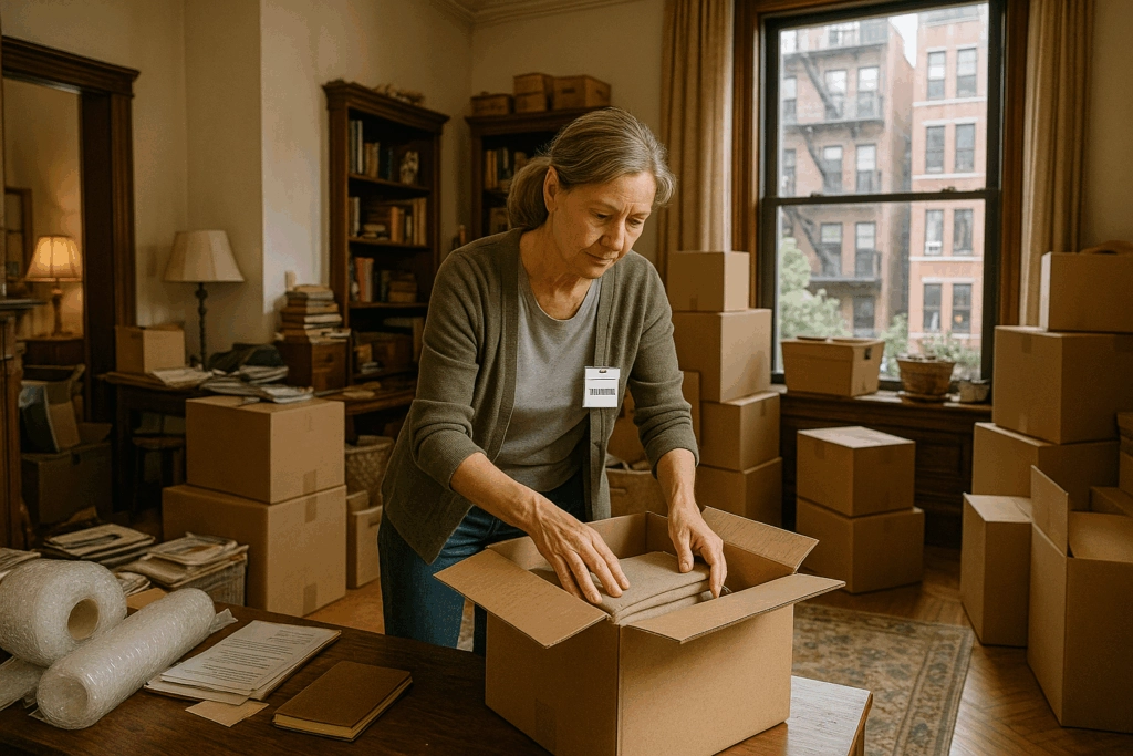 A professional senior move manager packs boxes in a cluttered brownstone home, surrounded by stacks of moving boxes, books, and papers. She wears a green cardigan and a name tag, carefully placing items into an open box on a wooden table. A large window reveals a cityscape outside, with brick buildings and fire escapes visible, while a lamp and bookshelves add warmth to the room&rsquo;s cozy, busy atmosphere.