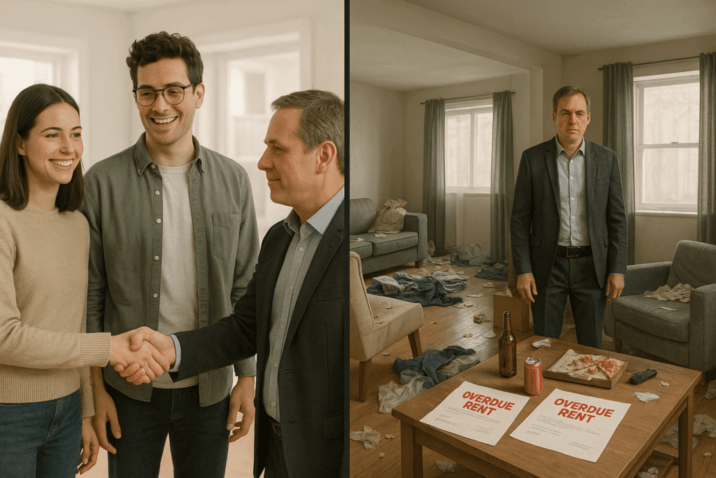 Split-screen image of a landlord’s experience: on the left, a smiling young couple shakes hands with the landlord in a clean, bright apartment; on the right, the same landlord stands in a trashed living room with overdue rent notices on the table.