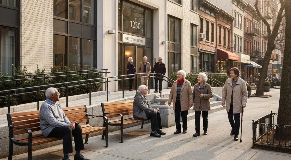 A modern, multi-story NYC senior housing apartment building with a wide accessible ramp and stone steps. On the tree-lined sidewalk, a diverse group of elderly residents are socializing: some sit on wooden benches enjoying the sunlight, while others walk toward the entrance marked "Welcome Home.
